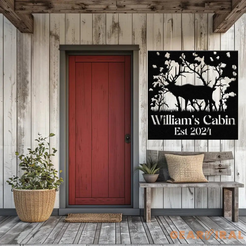 Custom Name Elk Cabin Sign Outdoor Metal Elk Sign with Mountain Hunting Gift Metal Nature Wall Art Mountains Trees