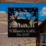 Custom Name Elk Cabin Sign Outdoor Metal Elk Sign with Mountain Hunting Gift Metal Nature Wall Art Mountains Trees