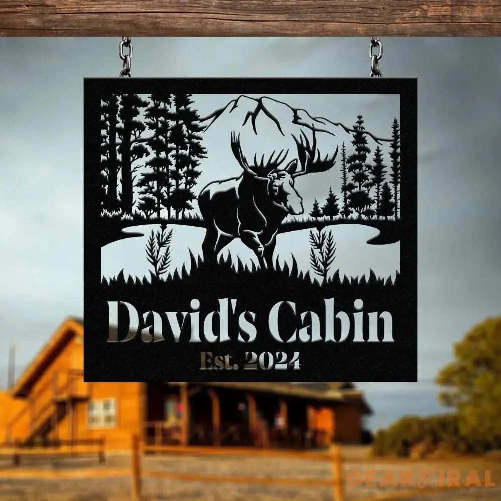 Custom Name Elk Cabin Sign Outdoor Metal Elk Sign with Mountain Hunting Gift Metal Nature Wall Art Mountains Trees
