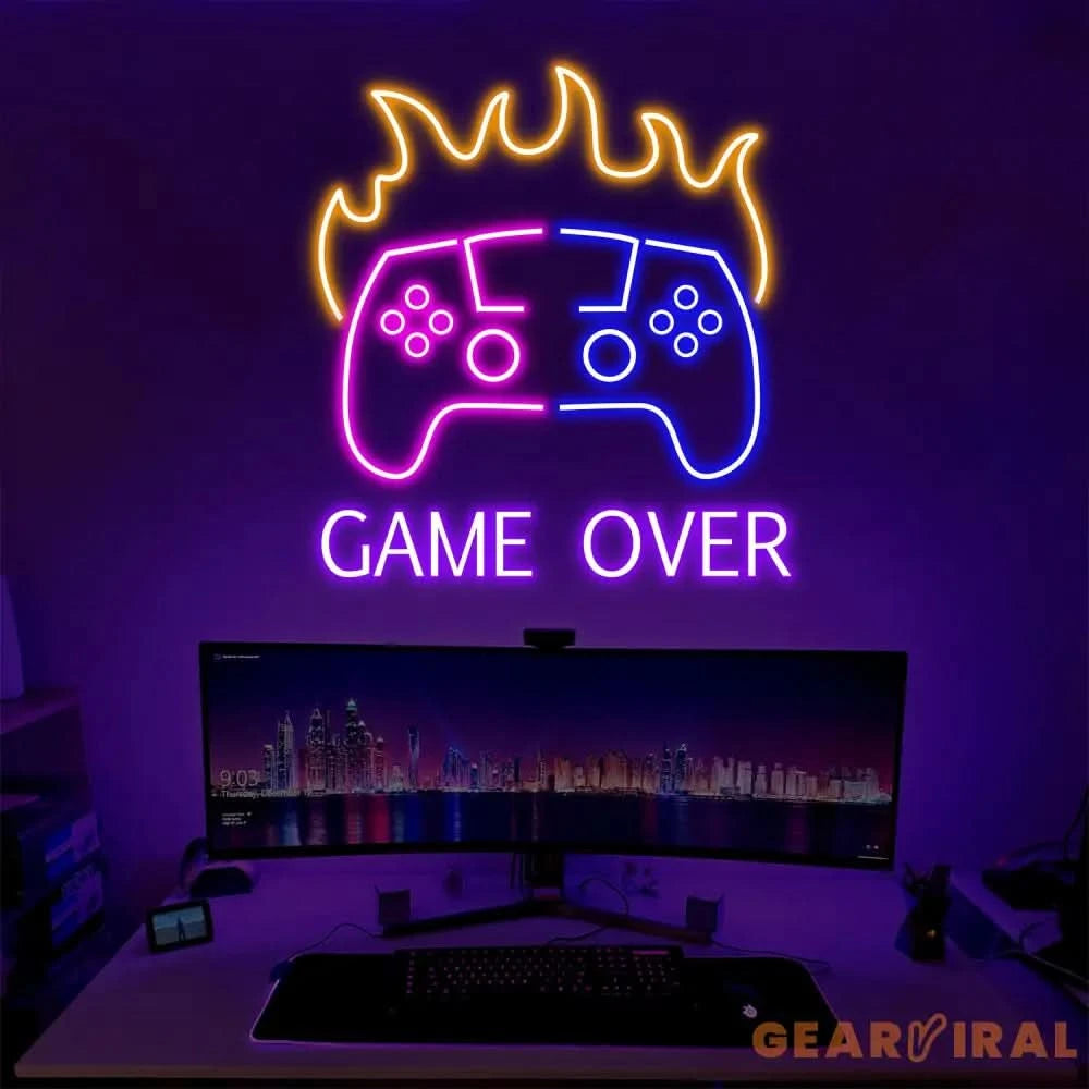 Custom Name Game Over Fire Controller Neon Sign Game Controller Led Light Game Zone Neon Sign Gaming Neon Light Gamer