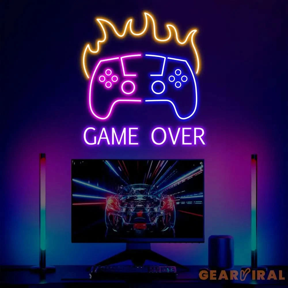 Custom Name Game Over Fire Controller Neon Sign Game Controller Led Light Game Zone Neon Sign Gaming Neon Light Gamer