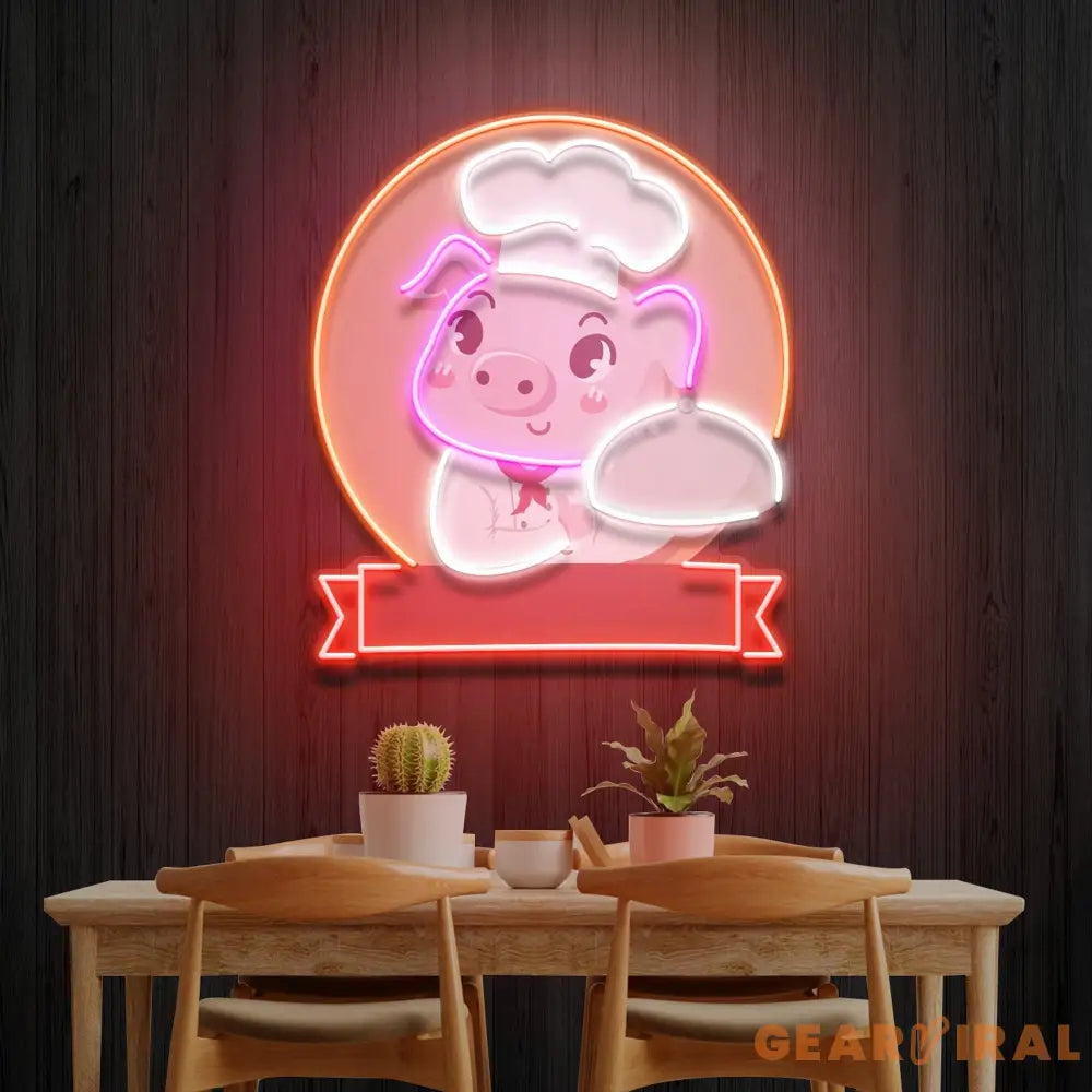 Custom Name Logo Cute And Friendly Pig Chef Holds Artwork Led Neon Sign Light