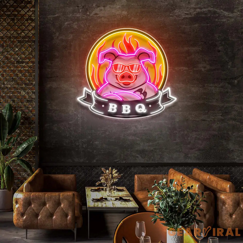 Custom Name Mascot Of Pig For BBQ In Badge Artwork Led Neon Sign Light