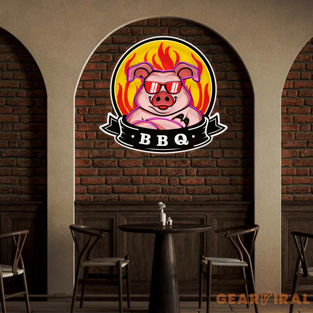 Custom Name Mascot Of Pig For BBQ In Badge Artwork Led Neon Sign Light