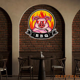 Custom Name Mascot Of Pig For BBQ In Badge Artwork Led Neon Sign Light