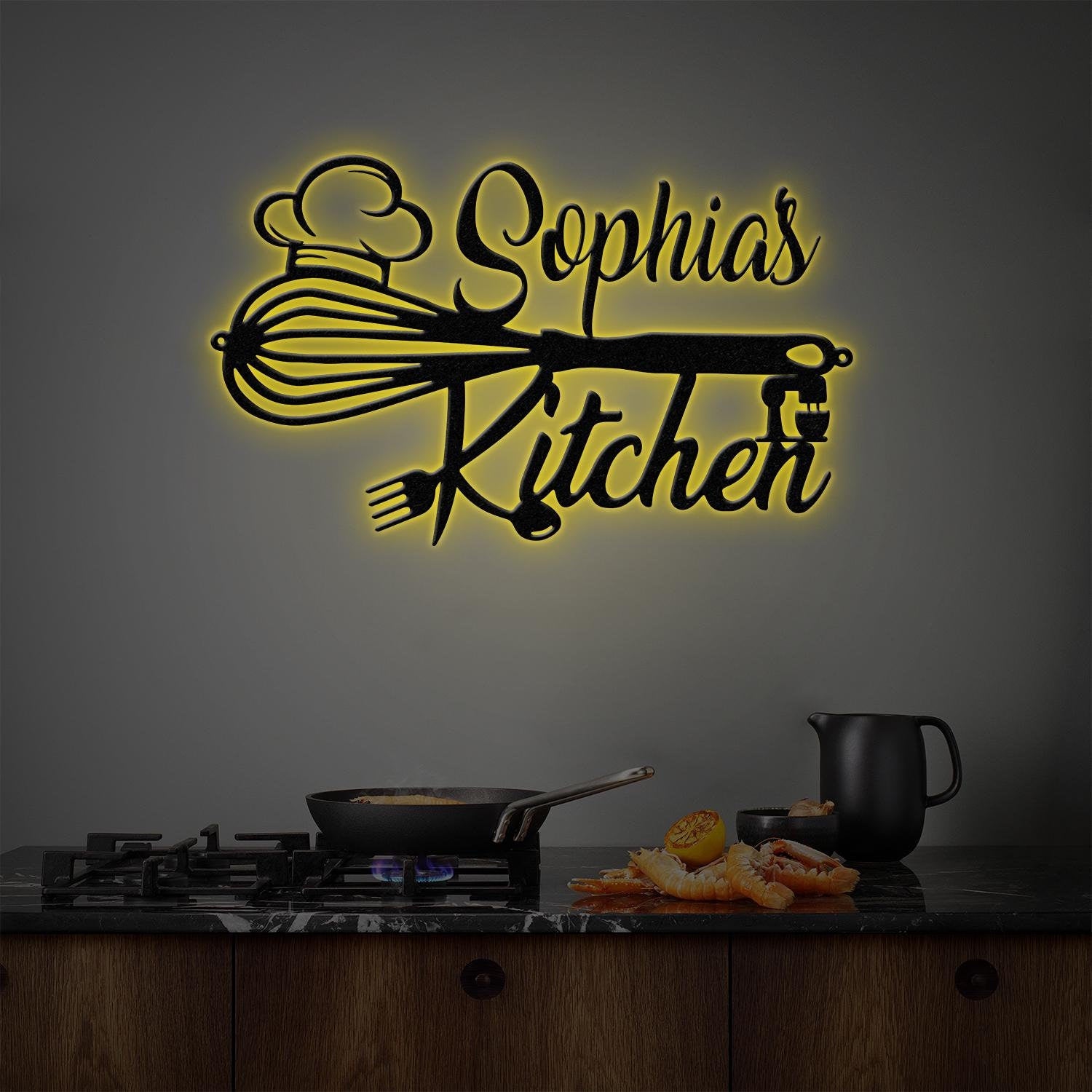 Custom Name Metal Kitchen Sign with Led Light, Kitchen Decor, Name Kitchen Sign, Kitchen Wall Art, Pantry Sign, Gift for Grandma Mom