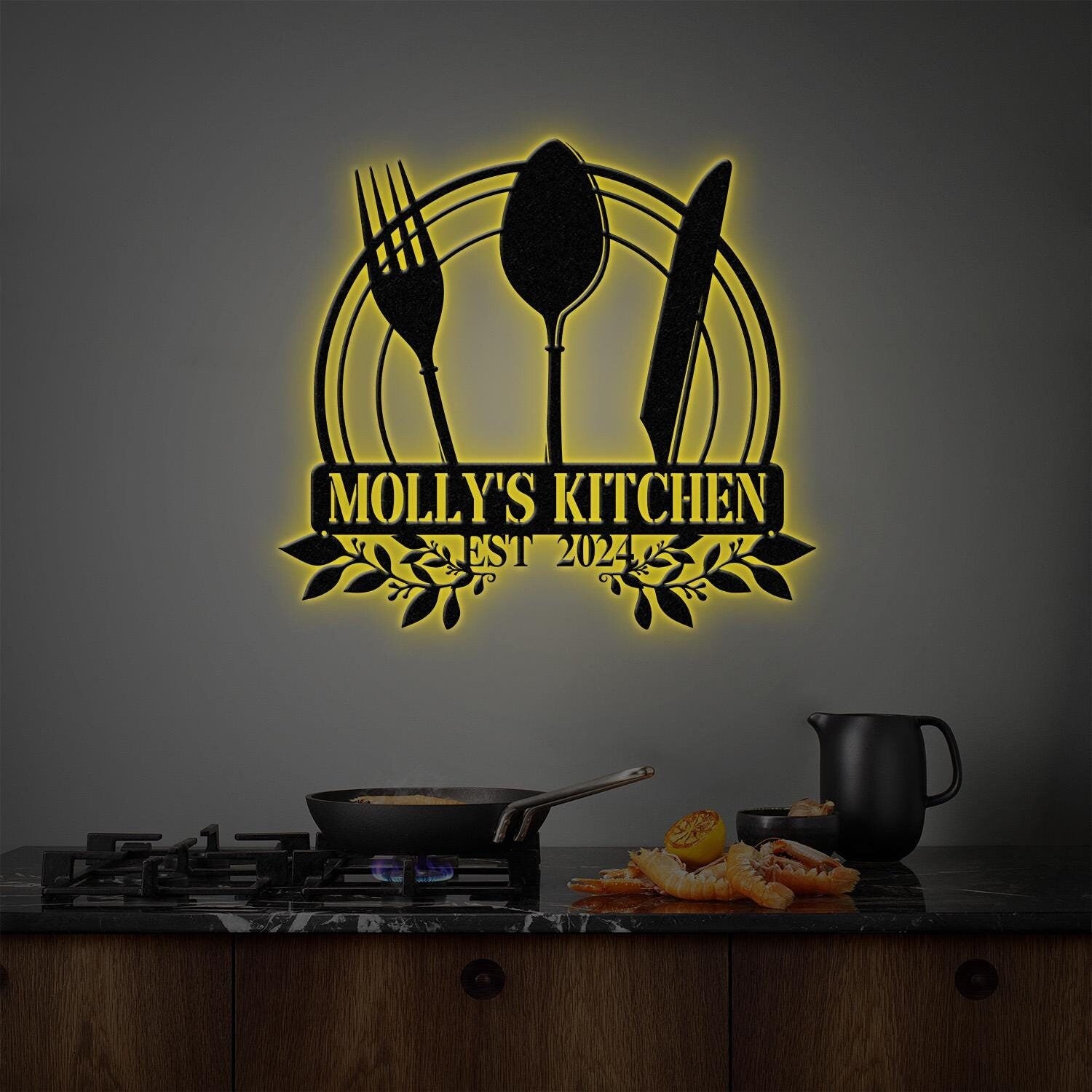 Custom Name Metal Kitchen Sign with Led Light, Kitchen Decor, Name Kitchen Sign, Kitchen Wall Art, Pantry Sign, Gift for Grandma Mom