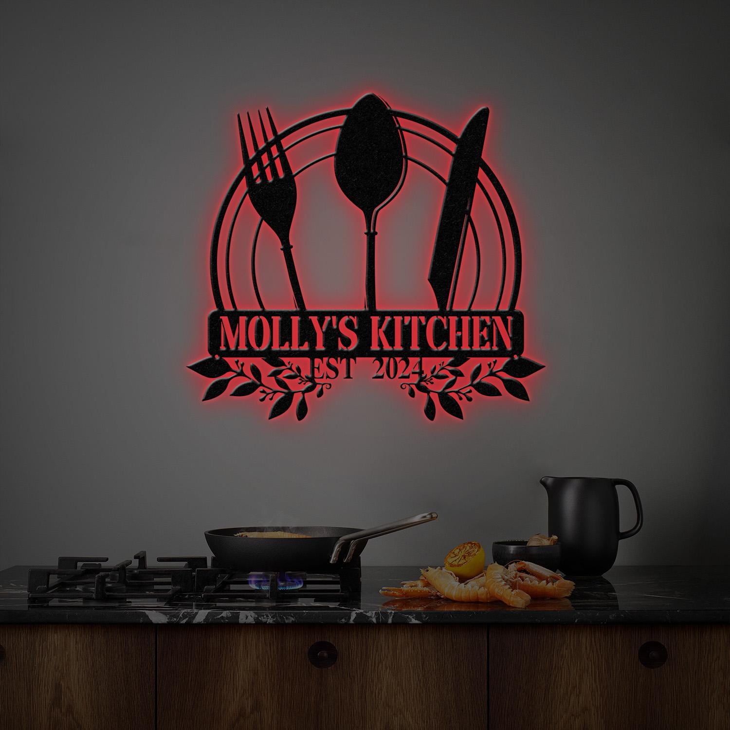 Custom Name Metal Kitchen Sign with Led Light, Kitchen Decor, Name Kitchen Sign, Kitchen Wall Art, Pantry Sign, Gift for Grandma Mom