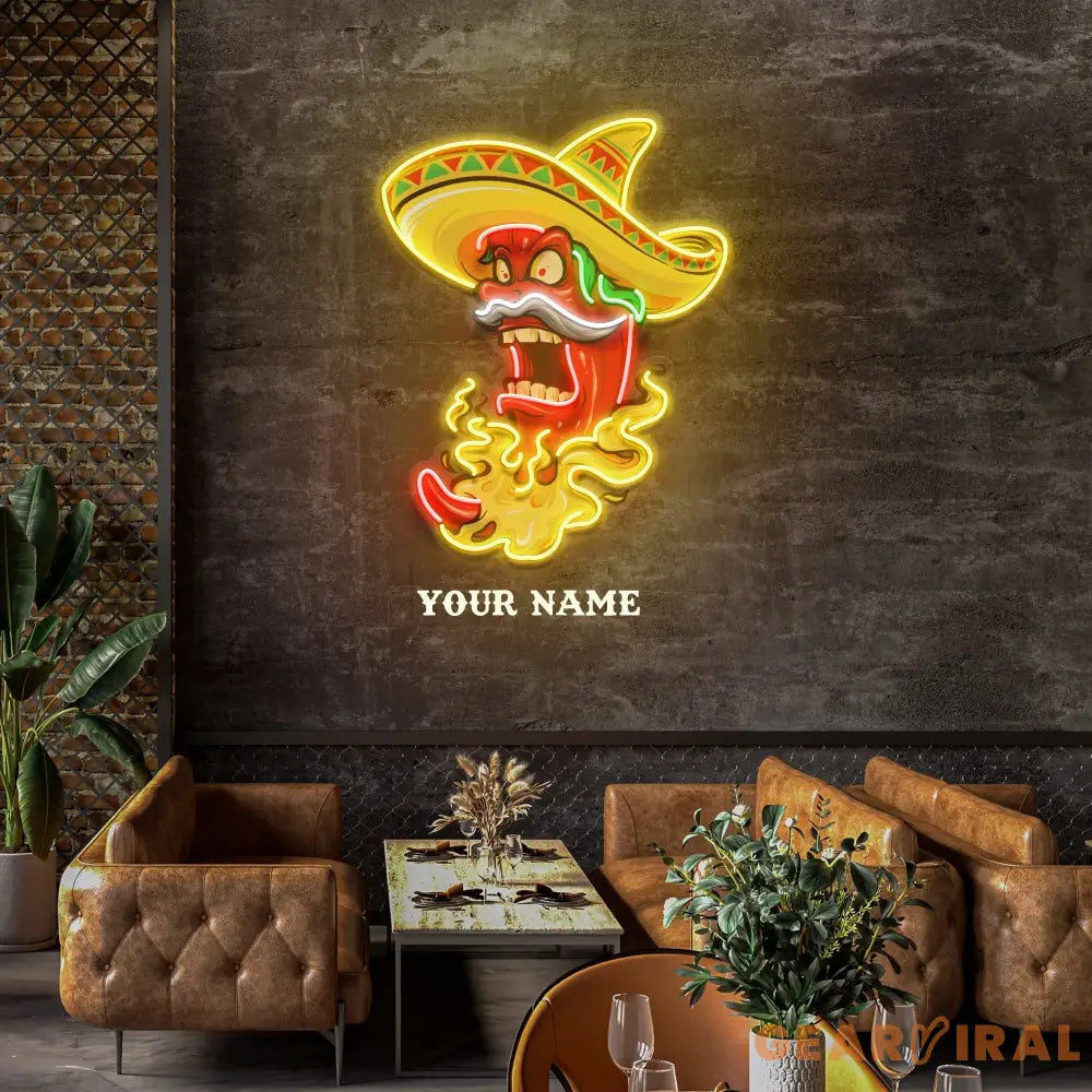 Custom Name Mexican Red Hot Chili Pepper With Hat Artwork Led Neon Sign Light