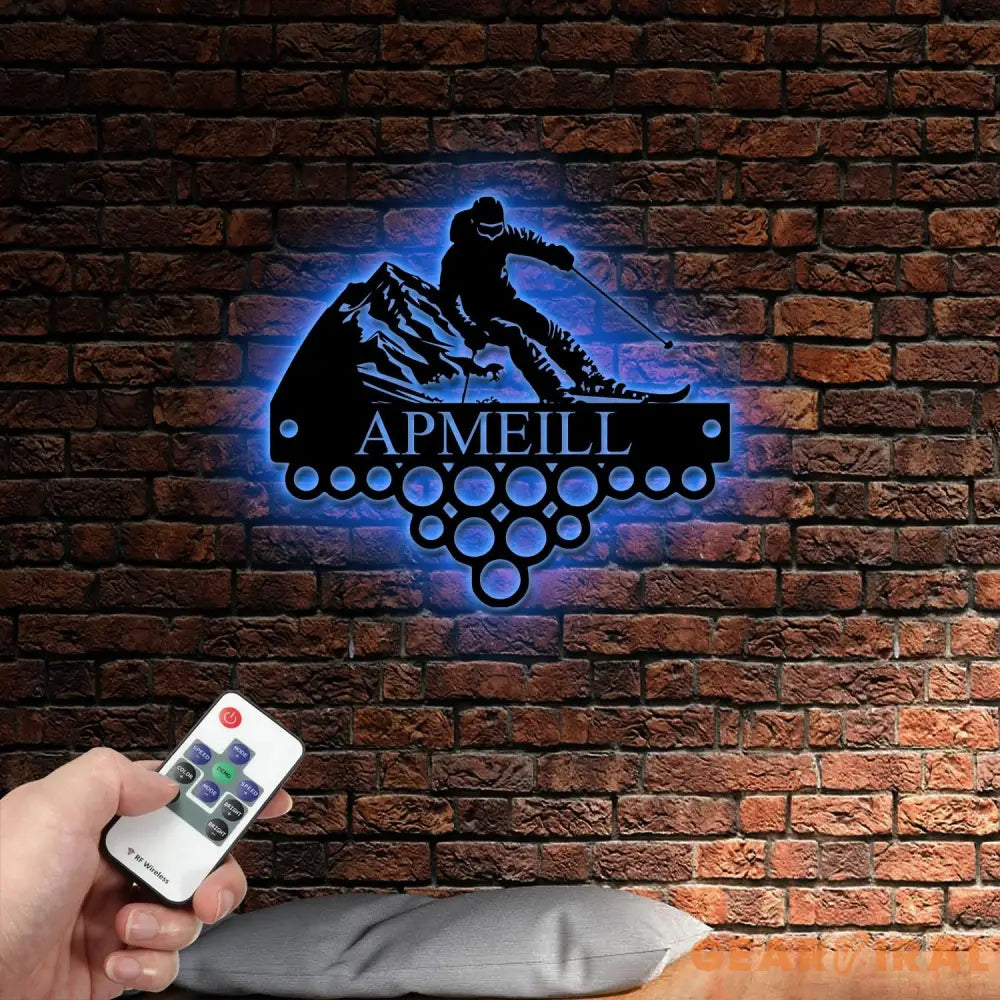 Custom Name Skiing Medal Hanger with Led Light Skiing Player Medal Holder Medal Display Awards Sign Skiing Lover Hanger