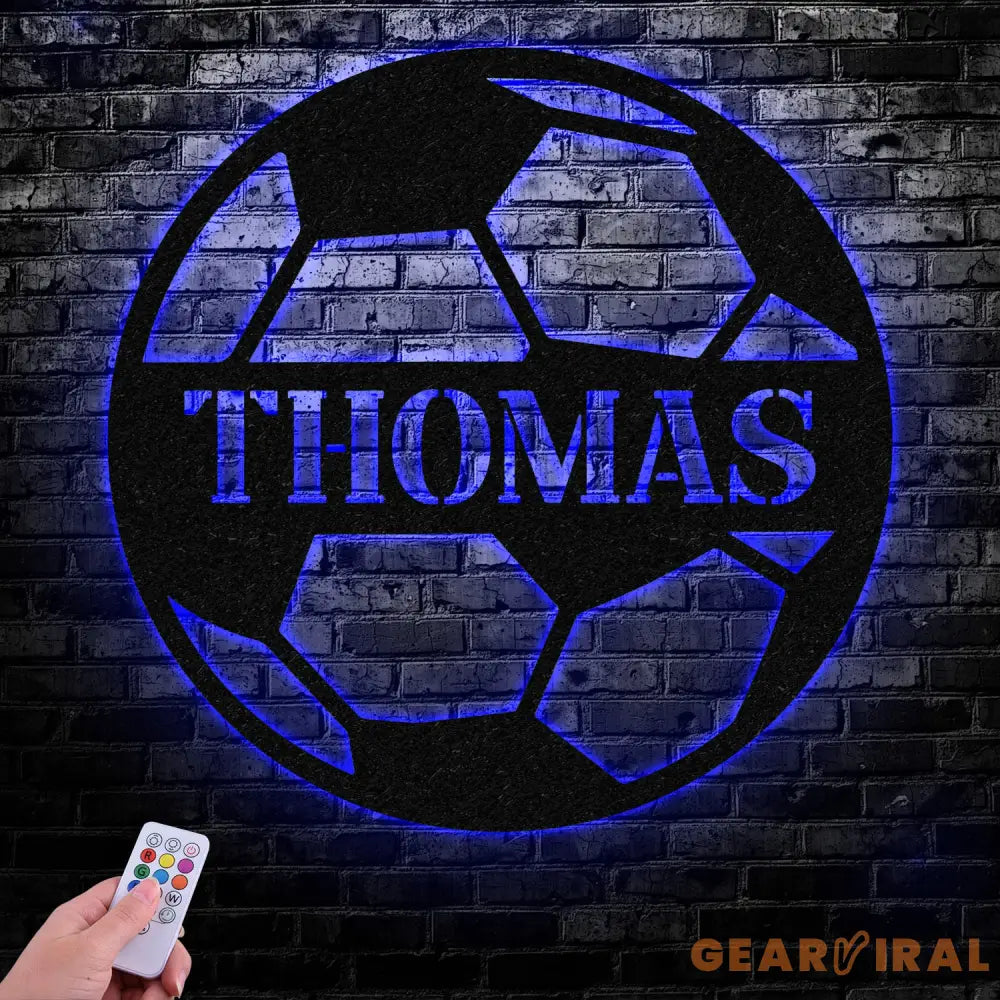 Custom Name Soccer LED Metal Art Sign Light up Soccer Ball Name Metal Sign Multi Color Soccer Art Metal Soccer Wall Art