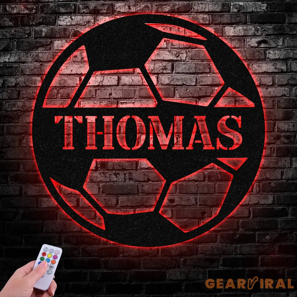 Custom Name Soccer LED Metal Art Sign Light up Soccer Ball Name Metal Sign Multi Color Soccer Art Metal Soccer Wall Art
