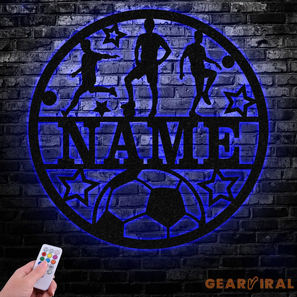 Custom Name Soccer LED Metal Art Sign Light up Soccer Ball Name Metal Sign Multi Color Soccer Art Metal Soccer Wall Art