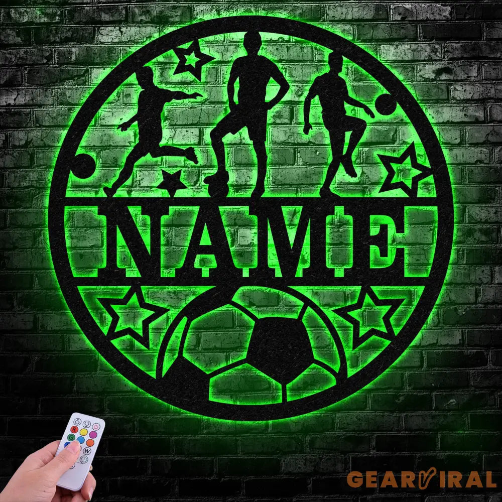 Custom Name Soccer LED Metal Art Sign Light up Soccer Ball Name Metal Sign Multi Color Soccer Art Metal Soccer Wall Art