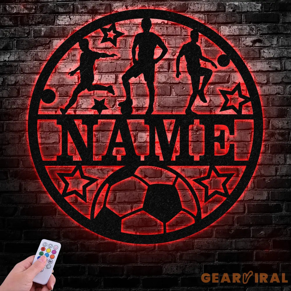 Custom Name Soccer LED Metal Art Sign Light up Soccer Ball Name Metal Sign Multi Color Soccer Art Metal Soccer Wall Art