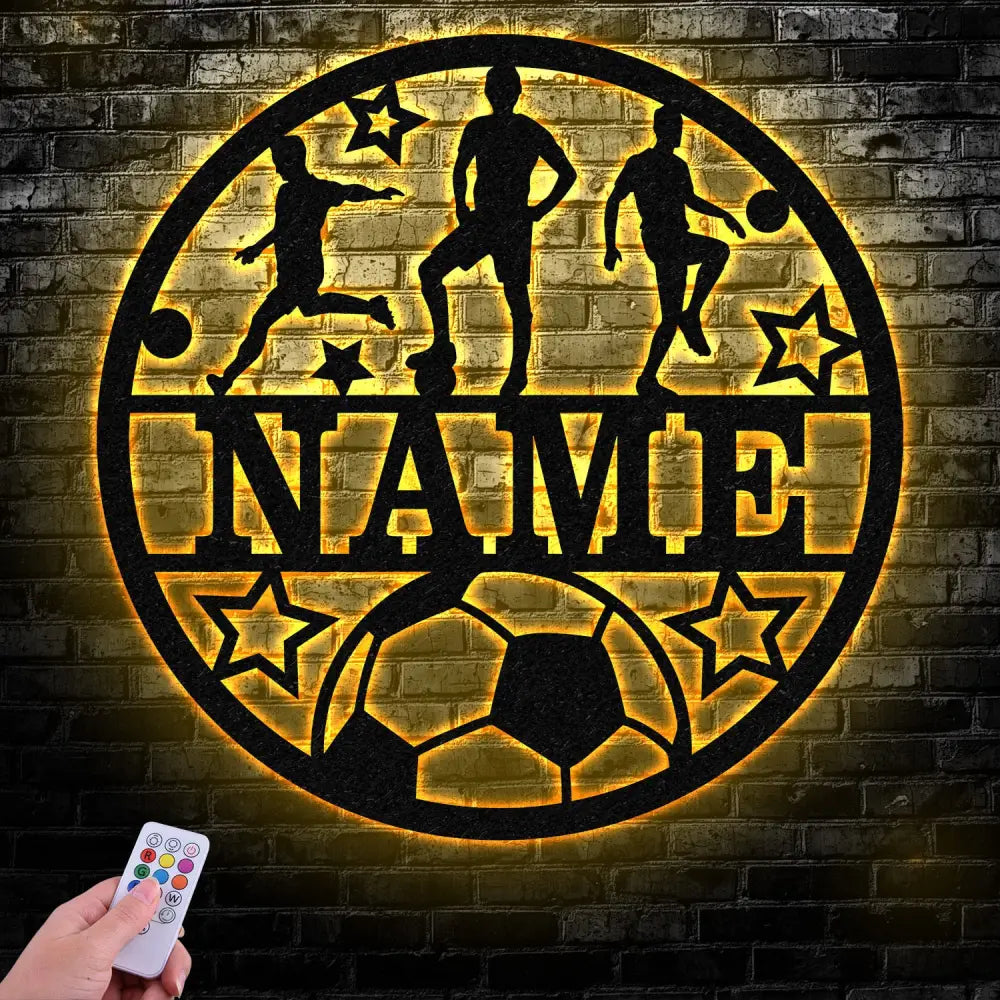 Custom Name Soccer LED Metal Art Sign Light up Soccer Ball Name Metal Sign Multi Color Soccer Art Metal Soccer Wall Art