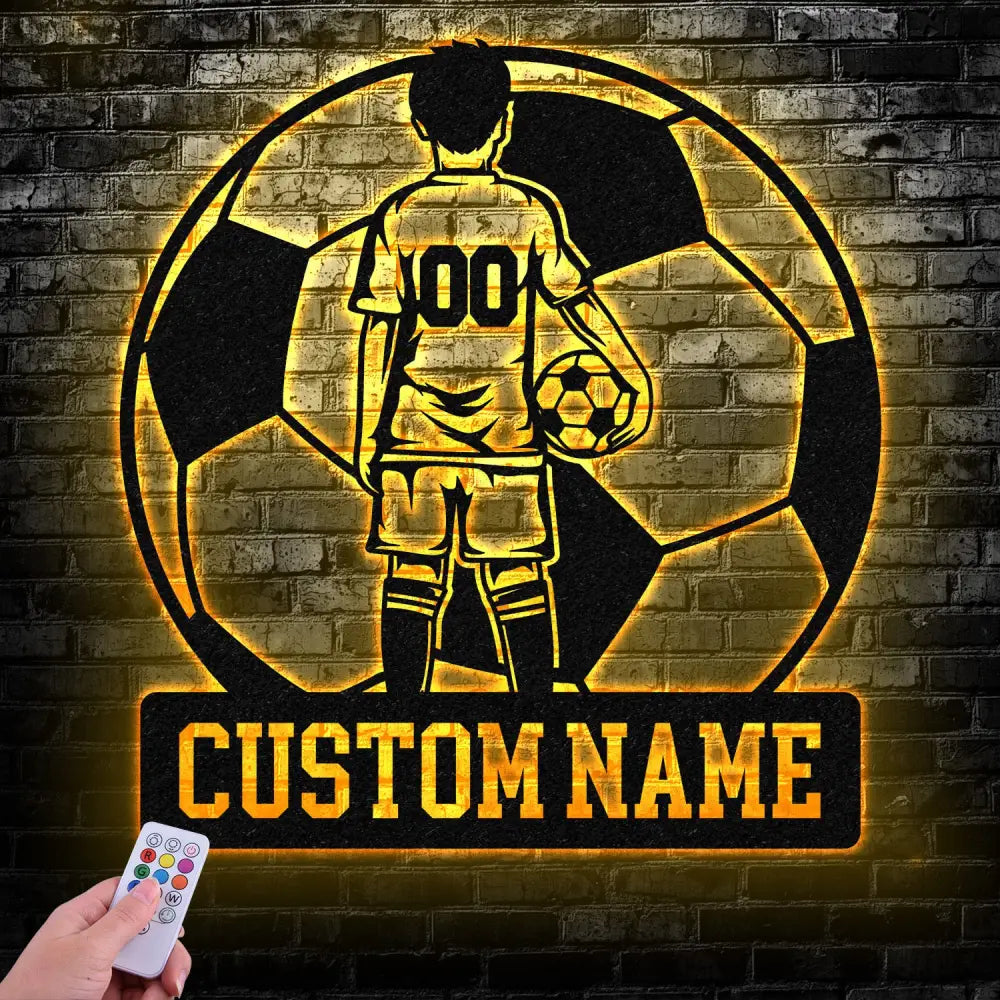 Custom Name Soccer LED Metal Art Sign Light up Soccer Ball Name Metal Sign Multi Color Soccer Art Metal Soccer Wall Art