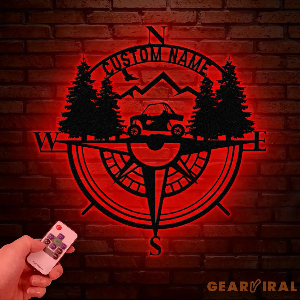 Custom Name UTV Compass Metal Sign with Led Lights Personalized Off-Road Adventure Sign Side by Side LED Wall Art