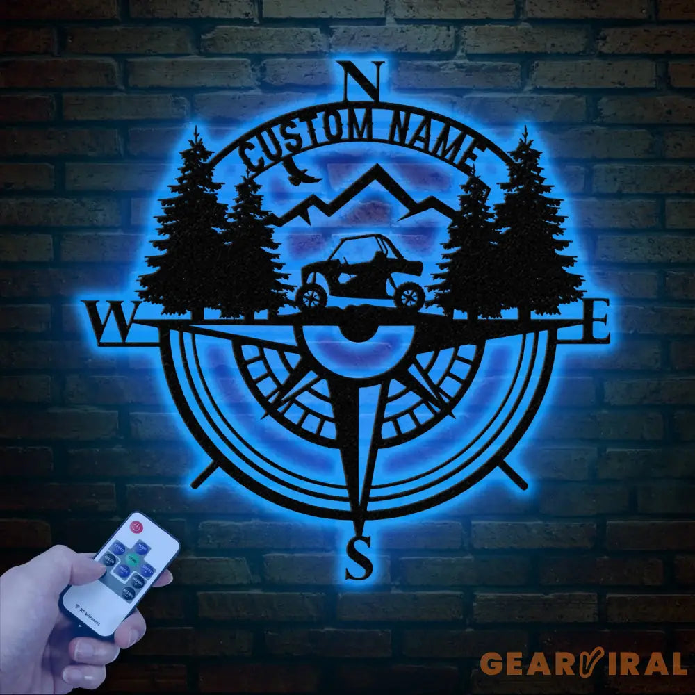 Custom Name UTV Compass Metal Sign with Led Lights Personalized Off-Road Adventure Sign Side by Side LED Wall Art