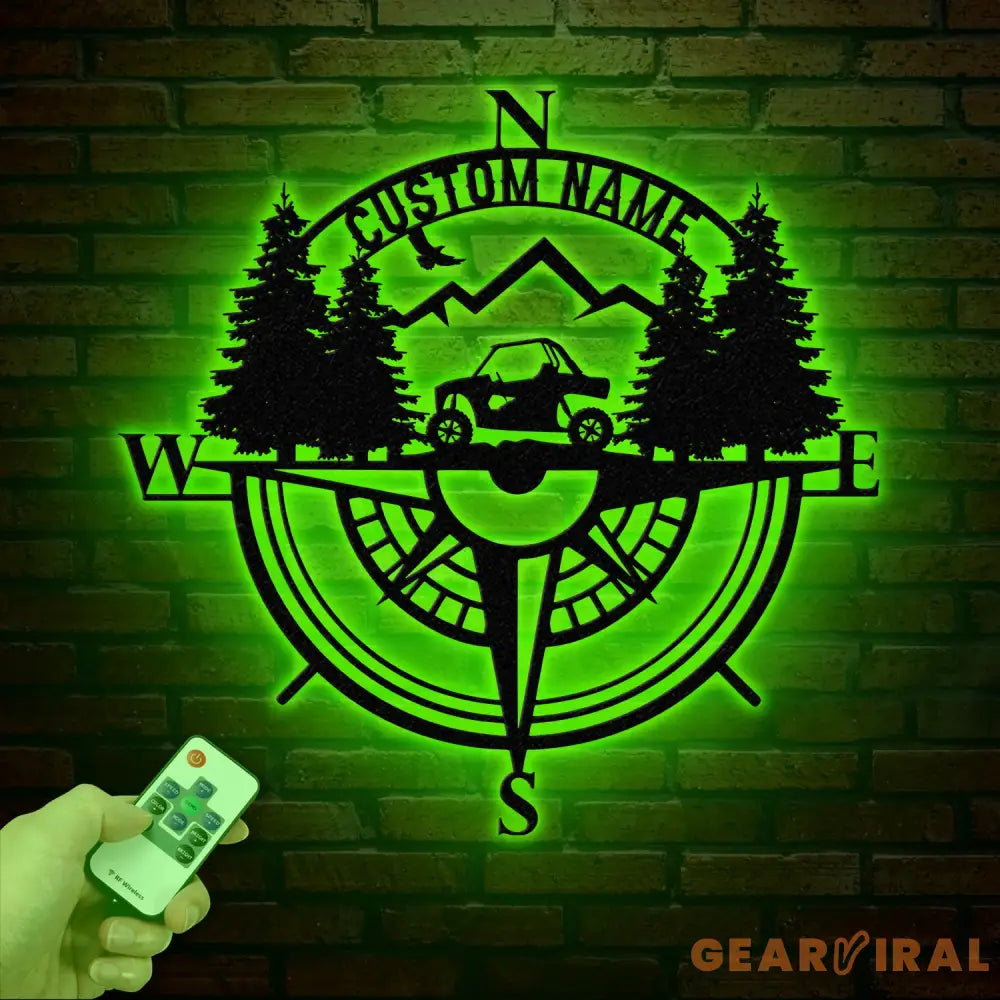 Custom Name UTV Compass Metal Sign with Led Lights Personalized Off-Road Adventure Sign Side by Side LED Wall Art