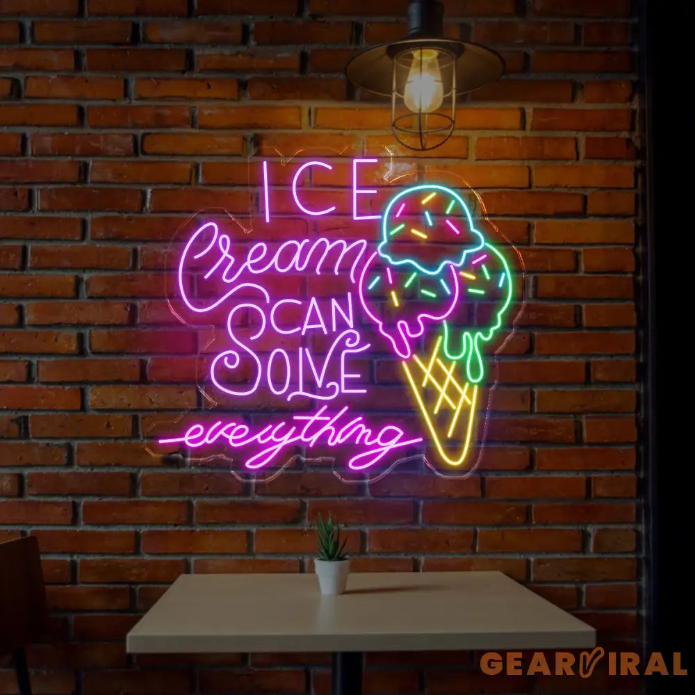 Custom Neon Ice Cream Sign - Ice Cream Can Solve Everything LED Wall Light - Perfect Decor for Cafes Ice Cream Shops