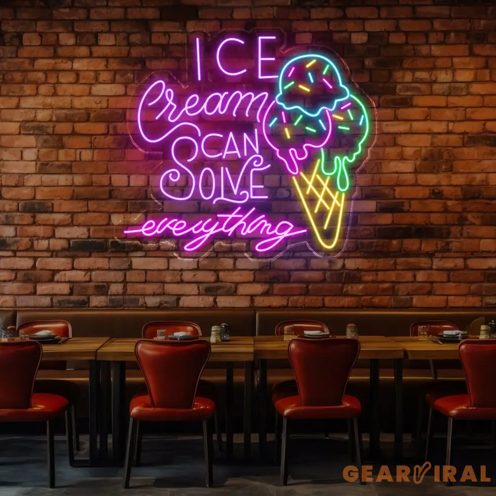 Custom Neon Ice Cream Sign - Ice Cream Can Solve Everything LED Wall Light - Perfect Decor for Cafes Ice Cream Shops