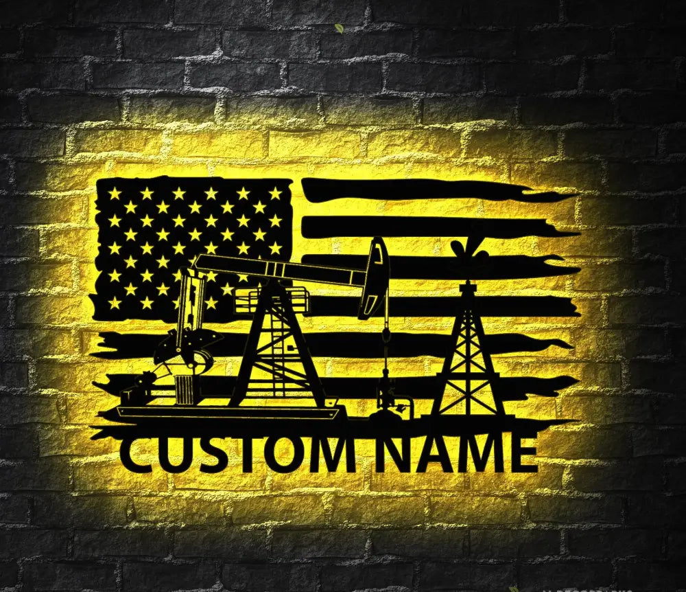 Custom Oil Field Name Sign Led Light - Personalized US Flag Oil Rig Metal Wall Art Decoration Hanging For Home