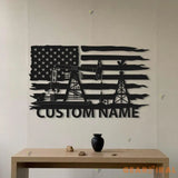 Custom Oil Field Name Sign Led Light - Personalized US Flag Oil Rig Metal Wall Art Decoration Hanging For Home