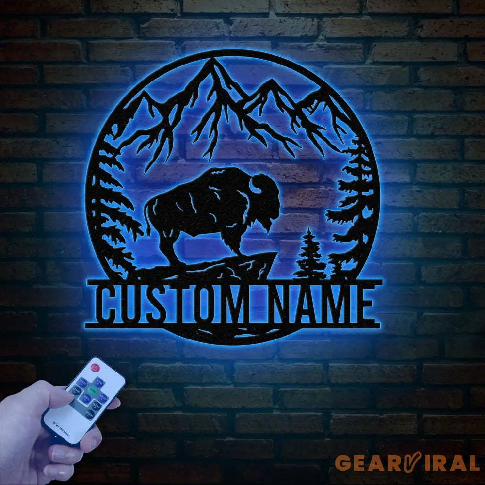 Custom Outdoor Bison Metal Sign with LED Lights – Personalized Buffalo Name Sign – Lone Bison Camp Decor & Gift for Him