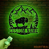 Custom Outdoor Bison Metal Sign with LED Lights – Personalized Buffalo Name Sign – Lone Bison Camp Decor & Gift for Him