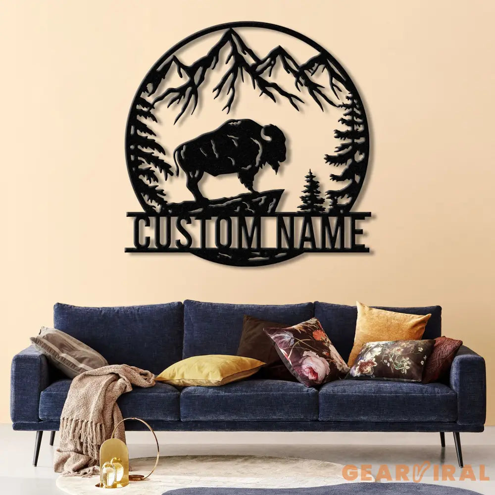 Custom Outdoor Bison Metal Sign with LED Lights – Personalized Buffalo Name Sign – Lone Bison Camp Decor & Gift for Him