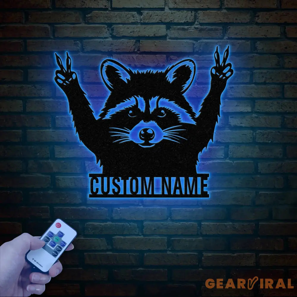 Custom Peace Hand Raccoon Metal Sign with Led Light Personalized Raccoon Name Sign Wall Decor for Cabin Man Cave Decor