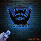 Custom Peace Hand Raccoon Metal Sign with Led Light Personalized Raccoon Name Sign Wall Decor for Cabin Man Cave Decor