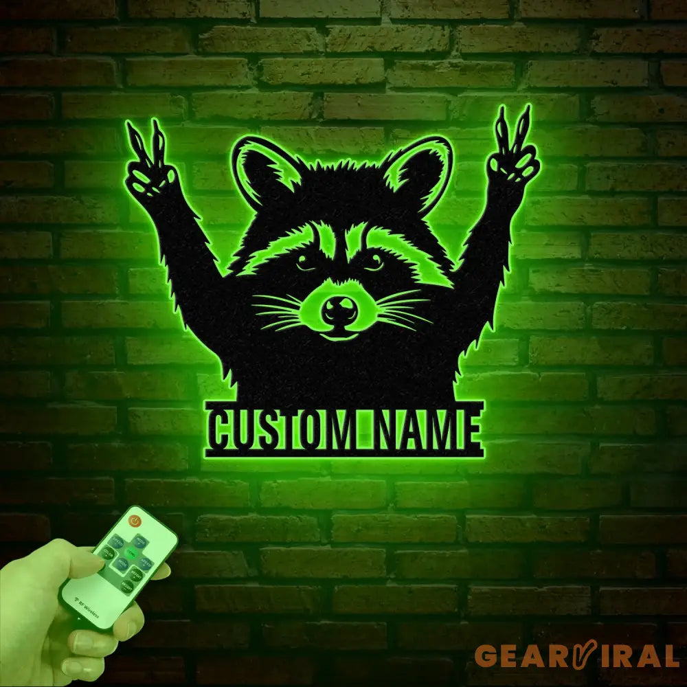 Custom Peace Hand Raccoon Metal Sign with Led Light Personalized Raccoon Name Sign Wall Decor for Cabin Man Cave Decor