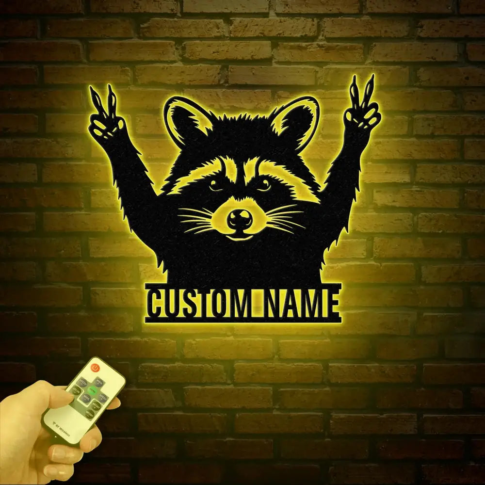 Custom Peace Hand Raccoon Metal Sign with Led Light Personalized Raccoon Name Sign Wall Decor for Cabin Man Cave Decor