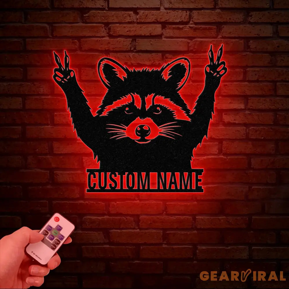 Custom Peace Hand Raccoon Metal Sign with Led Light Personalized Raccoon Name Sign Wall Decor for Cabin Man Cave Decor