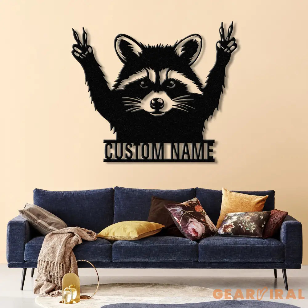 Custom Peace Hand Raccoon Metal Sign with Led Light Personalized Raccoon Name Sign Wall Decor for Cabin Man Cave Decor