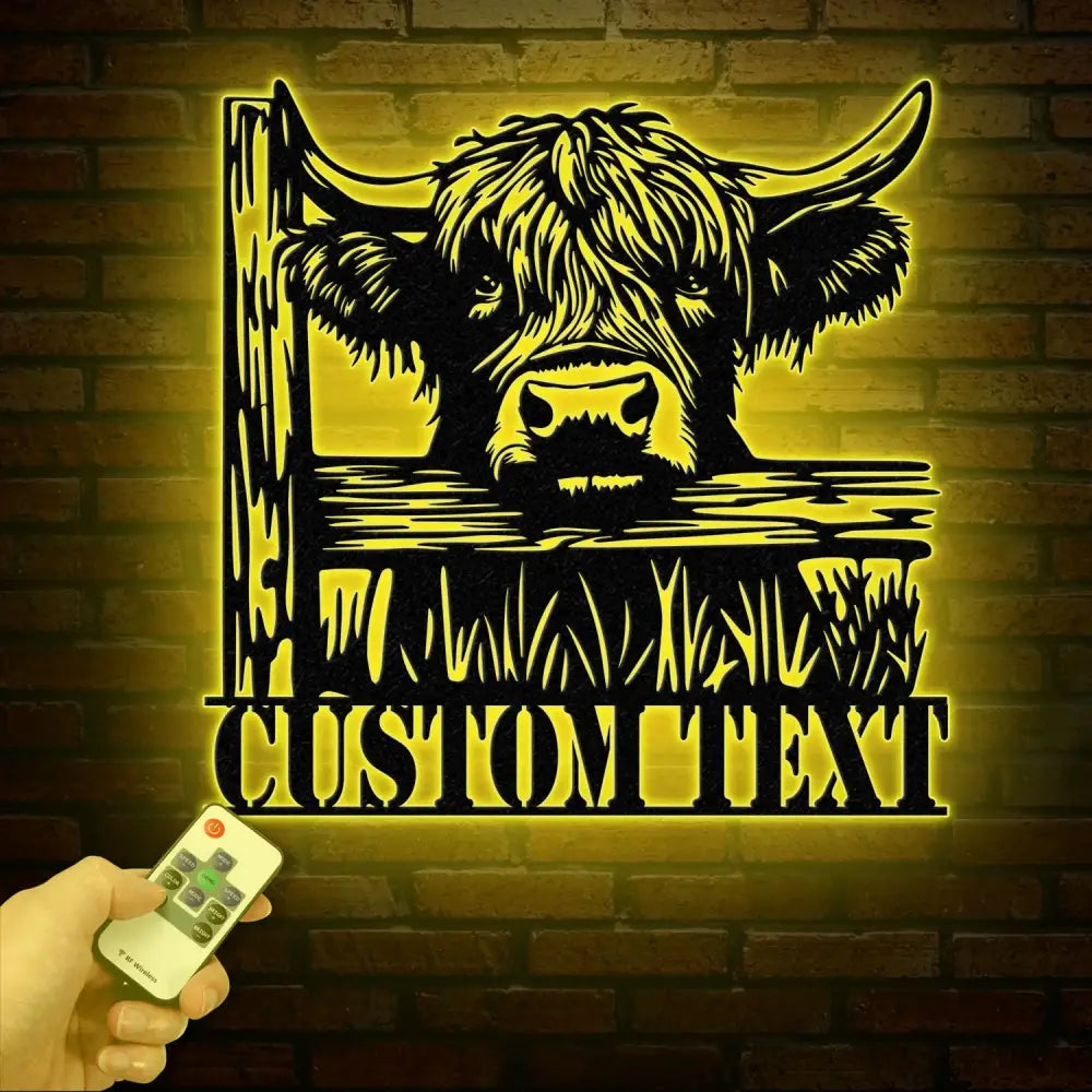 Custom Peeking Highland Cow Metal Sign with Led Light Highland Cow Metal Wall Art Personalized Peeking Highland Cow