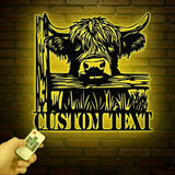 Custom Peeking Highland Cow Metal Sign with Led Light Highland Cow Metal Wall Art Personalized Peeking Highland Cow