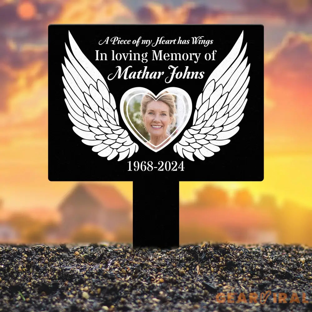 Custom Photo Angel Wings Heart Memorial Sign Temporary Grave Marker With Photo Outdoor Memorial Sign Sympathy Plaque
