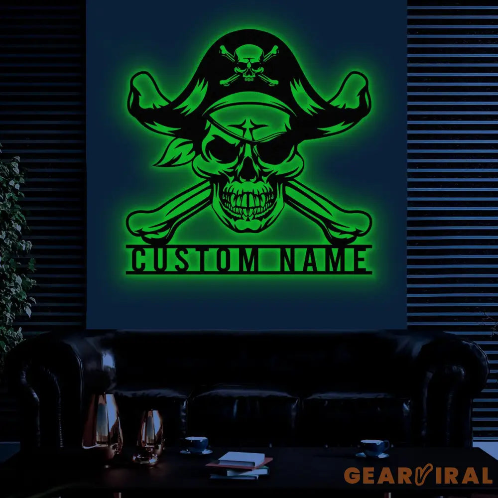 Custom Pirate Skull Metal Sign with LED Light Personalized Pirate Ship Name Sign Skeleton Piracy Decoration Birthday