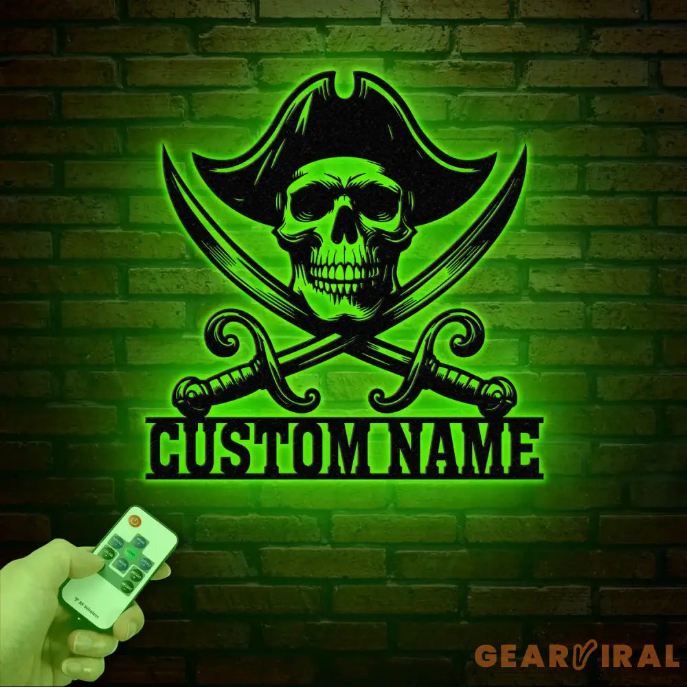 Custom Pirate Skull Metal Wall Art with LED Light Personalized Pirate Ship Name Sign Skeleton Home Decor Birthday &