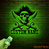 Custom Pirate Skull Metal Wall Art with LED Light Personalized Pirate Ship Name Sign Skeleton Home Decor Birthday &