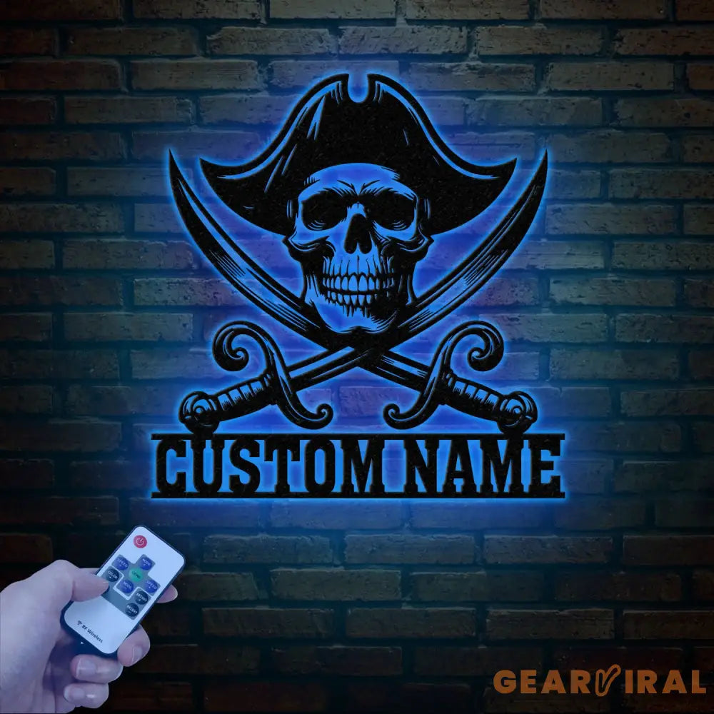 Custom Pirate Skull Metal Wall Art with LED Light Personalized Pirate Ship Name Sign Skeleton Home Decor Birthday &