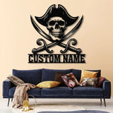 Custom Pirate Skull Metal Wall Art with LED Light Personalized Pirate Ship Name Sign Skeleton Home Decor Birthday &