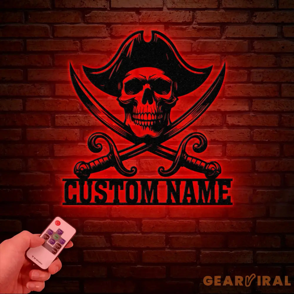 Custom Pirate Skull Metal Wall Art with LED Light Personalized Pirate Ship Name Sign Skeleton Home Decor Birthday &