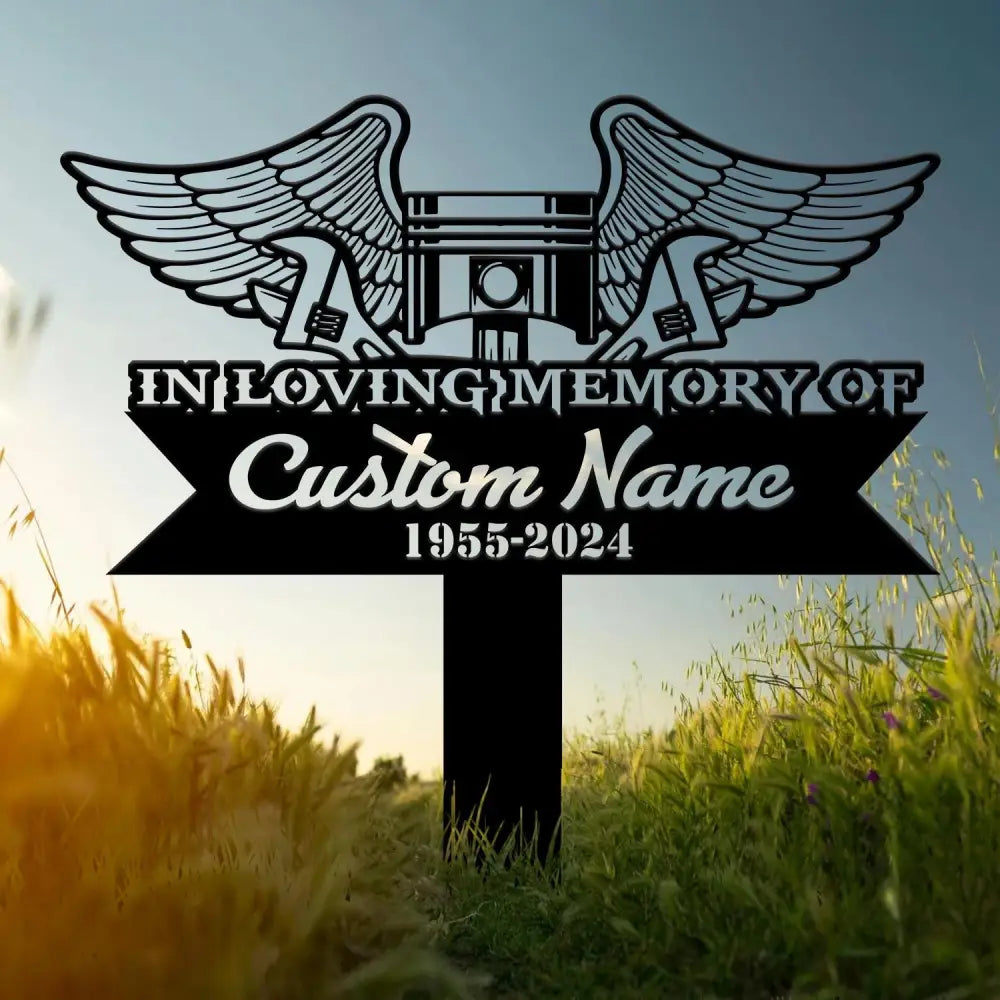 Custom Piston with Angel Wings Memorial Plaque Stake Personalized Mechanic Engineer Tools Memorial Stake Sympathy Sign