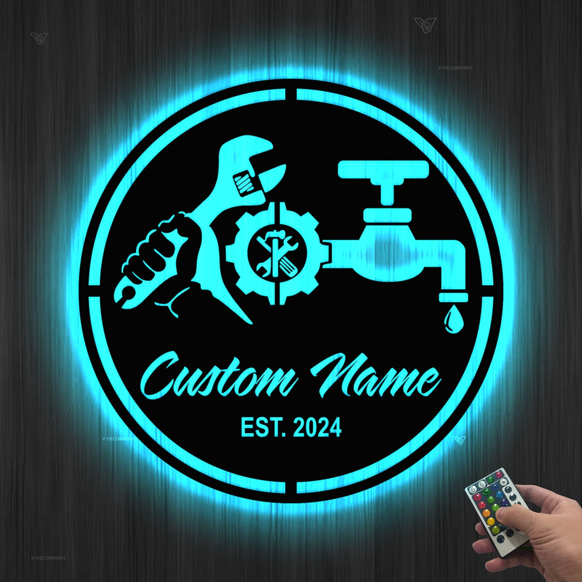 Custom Plumbing Metal Wall Art LED Light Personalized Plumber Name Sign Home Decor Repair Service Decoration Repairman Birthday Christmas | GearViral