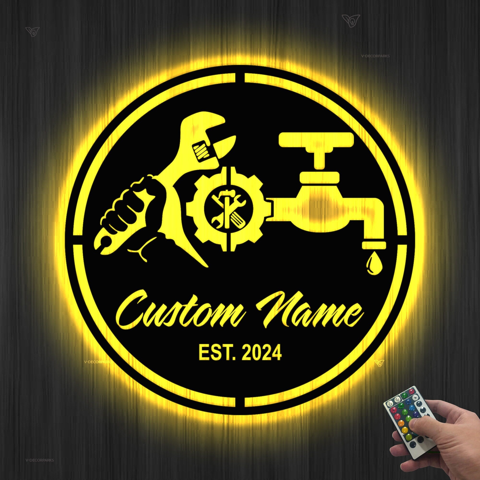 Custom Plumbing Metal Wall Art LED Light Personalized Plumber Name Sign Home Decor Repair Service Decoration Repairman Birthday Christmas | GearViral