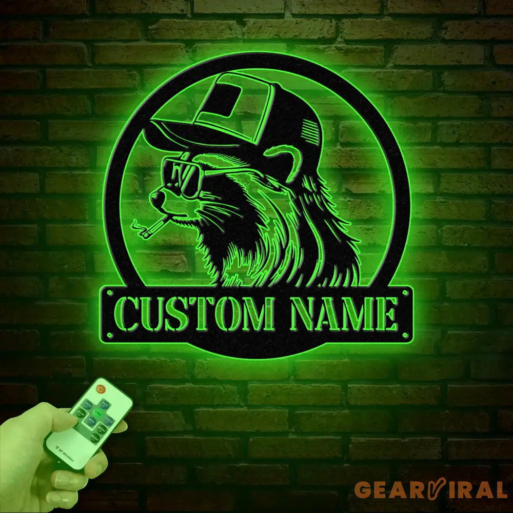 Custom Raccoon Trucker Hat & Sunglasses Metal Sign with Led Light Personalized Raccoon Name Sign Wall Decor for Cabin